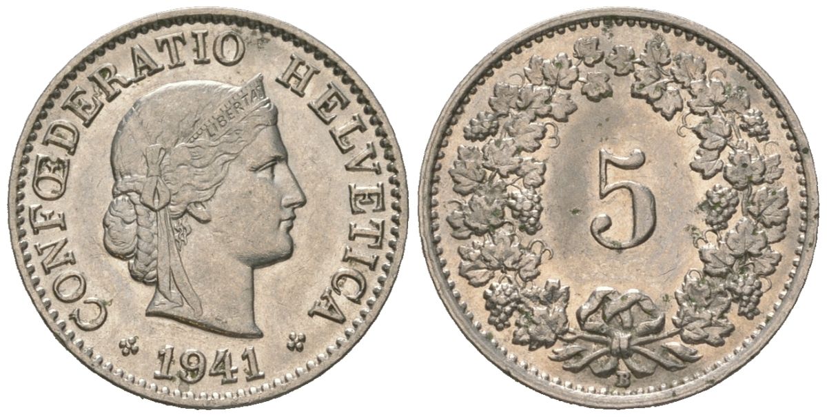 Швейцария 5 раппенов 1941 B, редкий год KM 26b никель aUNC 4124-663