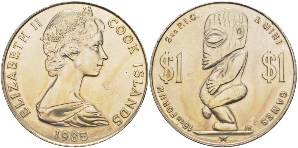 Острова Кука 1 доллар 1985 статуя бога Тангароа (полинезийский бог морской стихии) KM 30 медно-никель UNC 1085-7-33