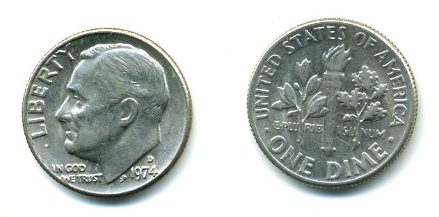 США 10 центов (дайм) 1974 D, Франклин Рузвельт KM 195а медь плакированная медно-никелем 54-334