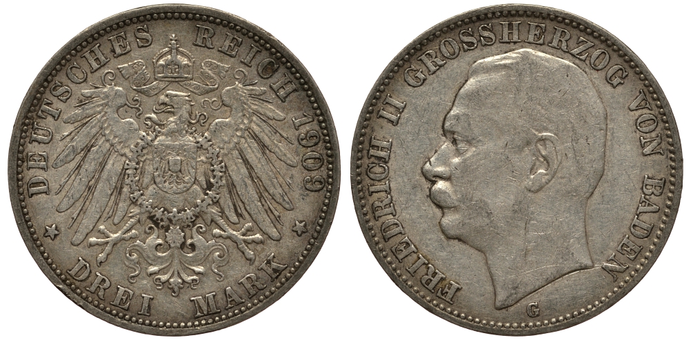 Баден 3 марки 1909 Фридрих II (1907-1918) J. 39, KM 280 серебро    3711-1623