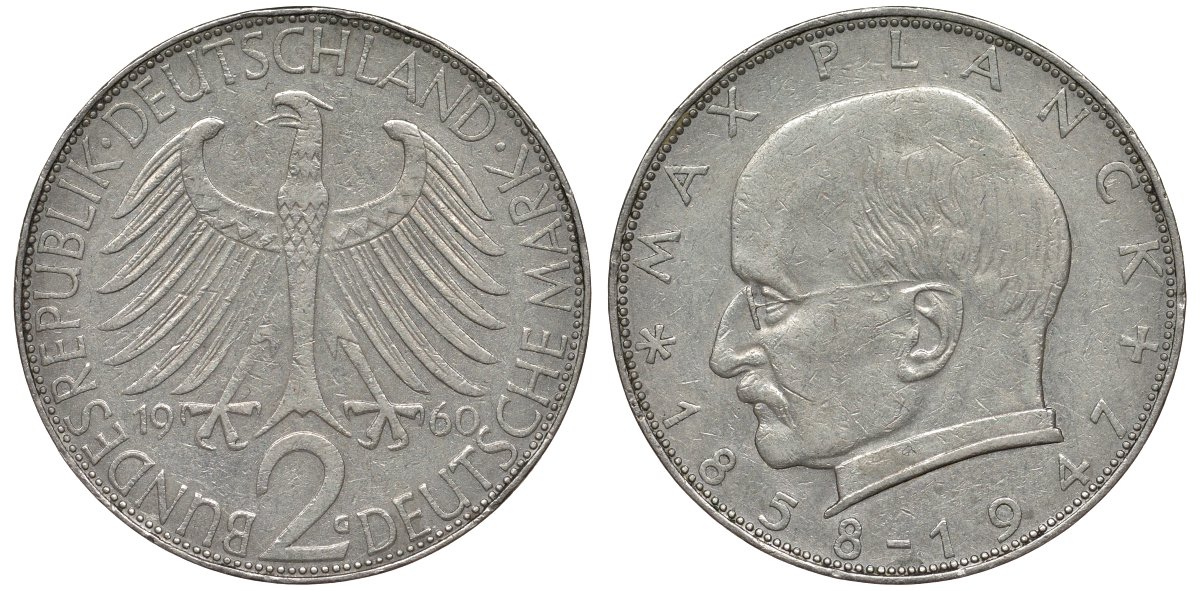 ФРГ 2 марки 1960 G, Макс Планк KM 116, J. 392 медно-никель плакированный никелем 72-246