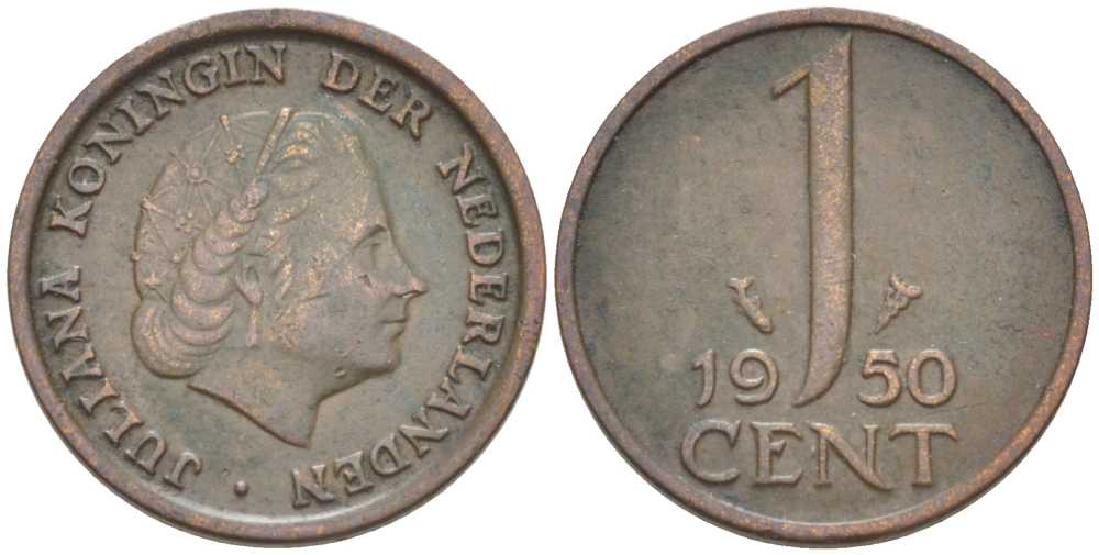 Нидерланды 1 цент 1950 Юлиана (1948-1980) КМ 180 бронза 214-1023