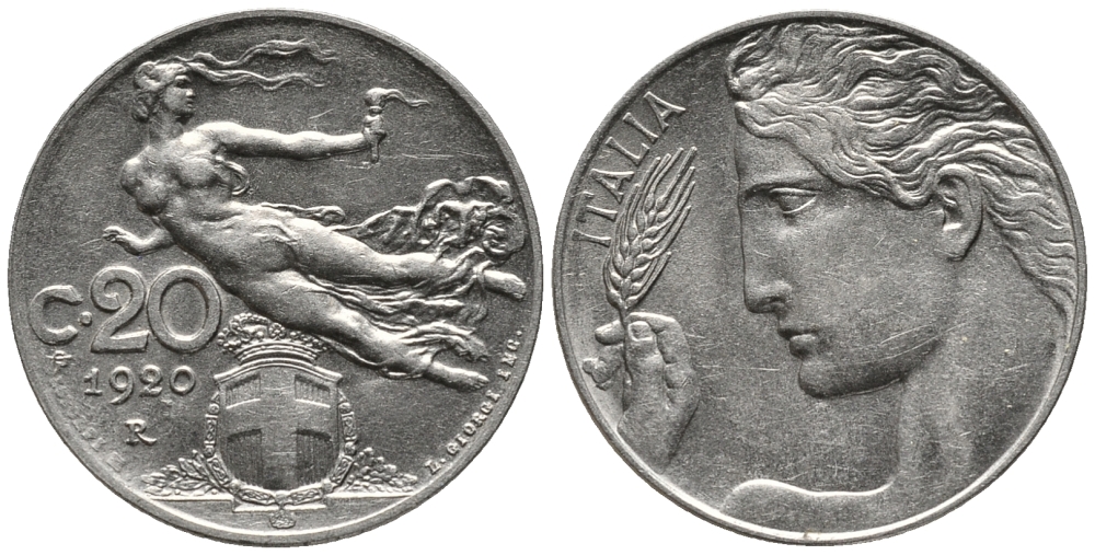 ИТАЛИЯ 20 ЧЕНТЕЗИМО 1920 R KM 44 никель 34-1232