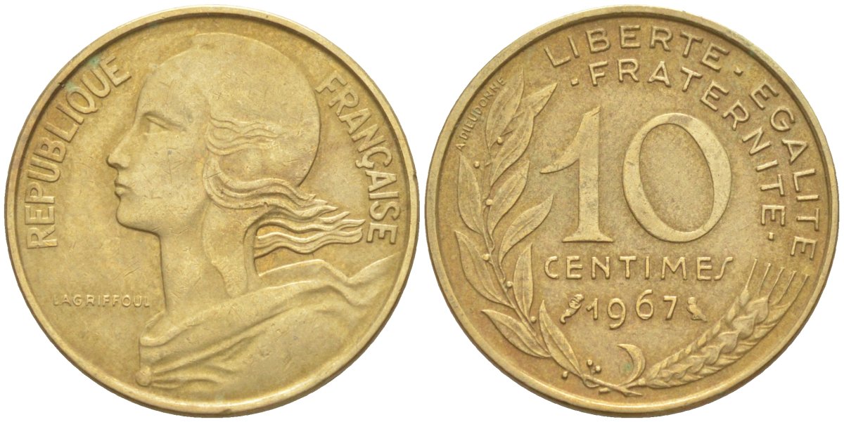 Франция 10 сантимов 1967 тип Marianne KM 929, Le Franc 144.7 медь алюминий никель 212-1237