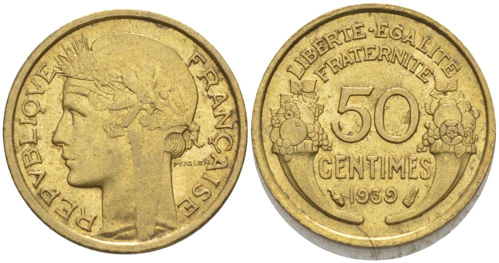 ФРАНЦИЯ 50 САНТИМОВ 1939 ТИП MORLON KM 894.1, LE FRANC 192.15 алюминиевая бронза 44-828