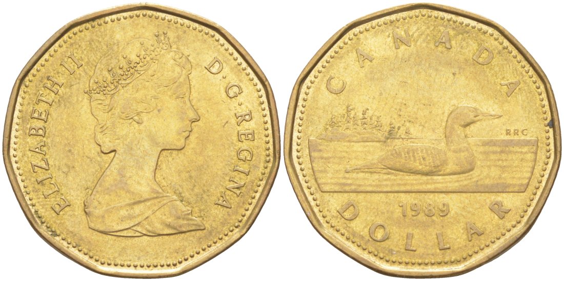 Канада 1 доллар 1989 утка, Елизавета II KM 157 никель плакированный алюминиевой бронзой 63-633