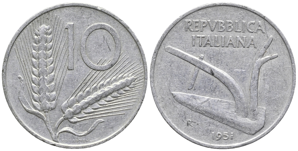 ИТАЛИЯ 10 ЛИР 1951 R, ПЛУГ KM 93 алюминий 34-1242