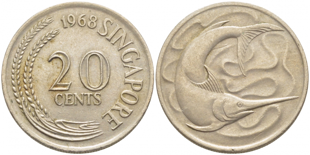 СИНГАПУР 20 ЦЕНТОВ 1968 ГОЛУБОЙ МАРЛИН, ТУНЕЦ KM 4 медно-никель 3856-912