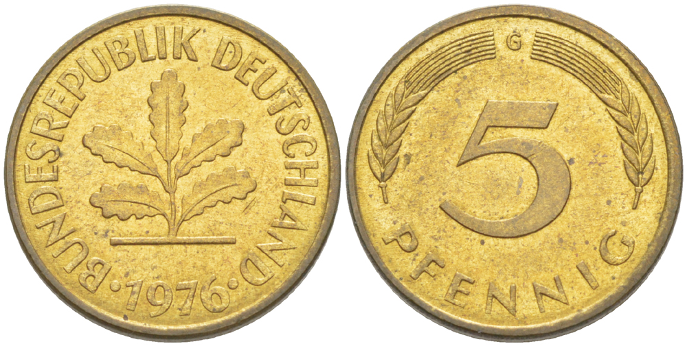 ФРГ 5 ПФЕННИГОВ 1976 G KM 107, J. 382 сталь плакированная латунью 4181-948