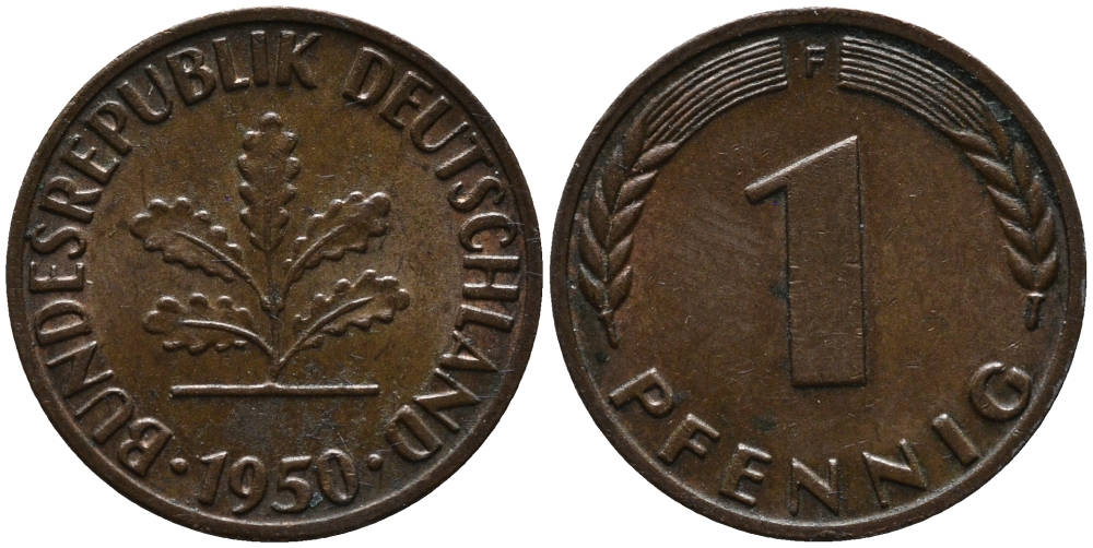 ФРГ 1 пфенниг 1950 F KM 105, J.380 сталь плакированная медью 99-251