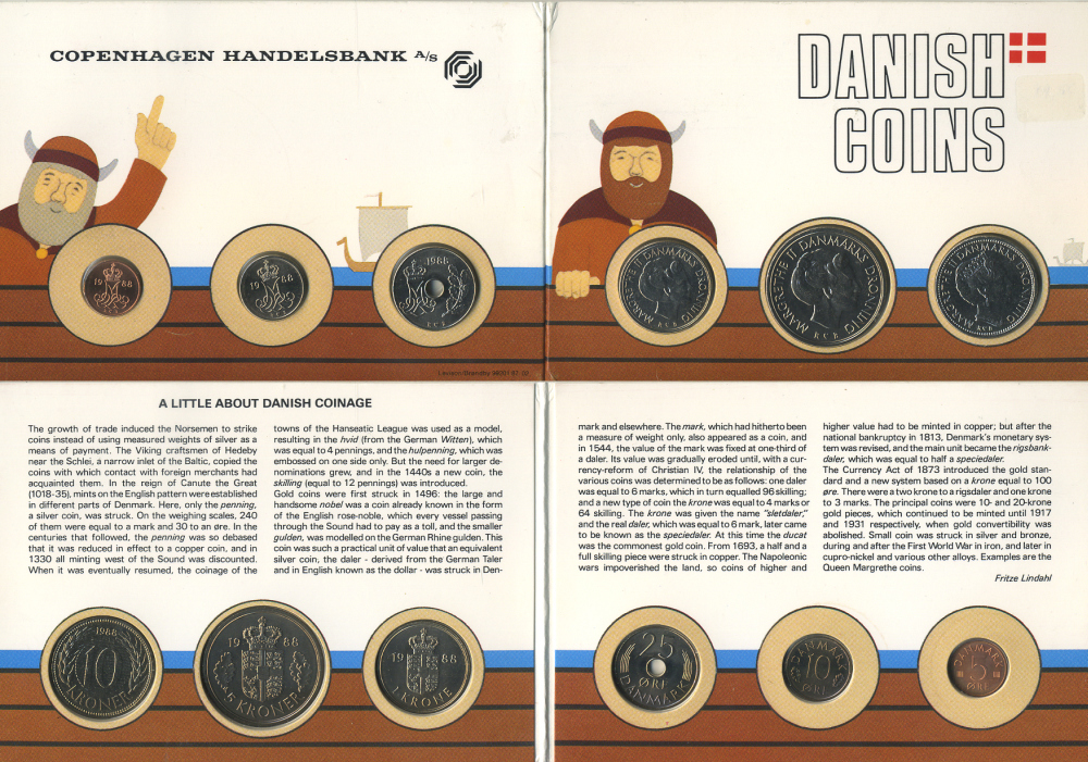 Дания набор из 6 монет 1988 Маргрете II, официальный набор в картонном буклете UNC 2-6-3-16