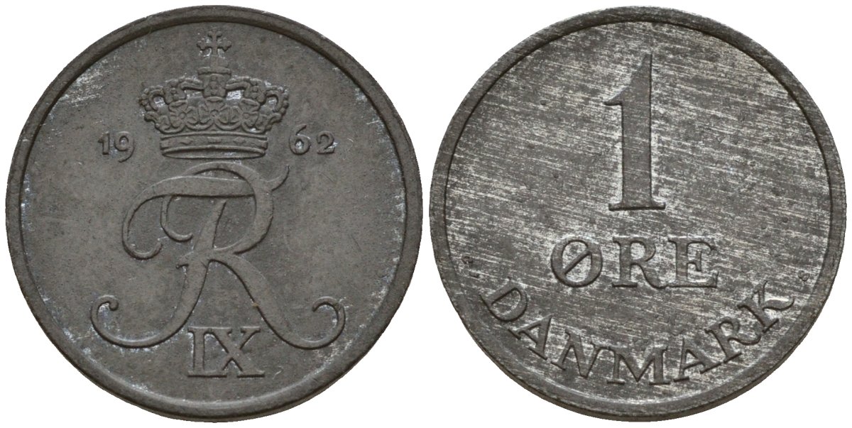 Дания 1 эре 1962 N; S, Фредерик IX (1947-1972) KM 839 цинк 4154-1163