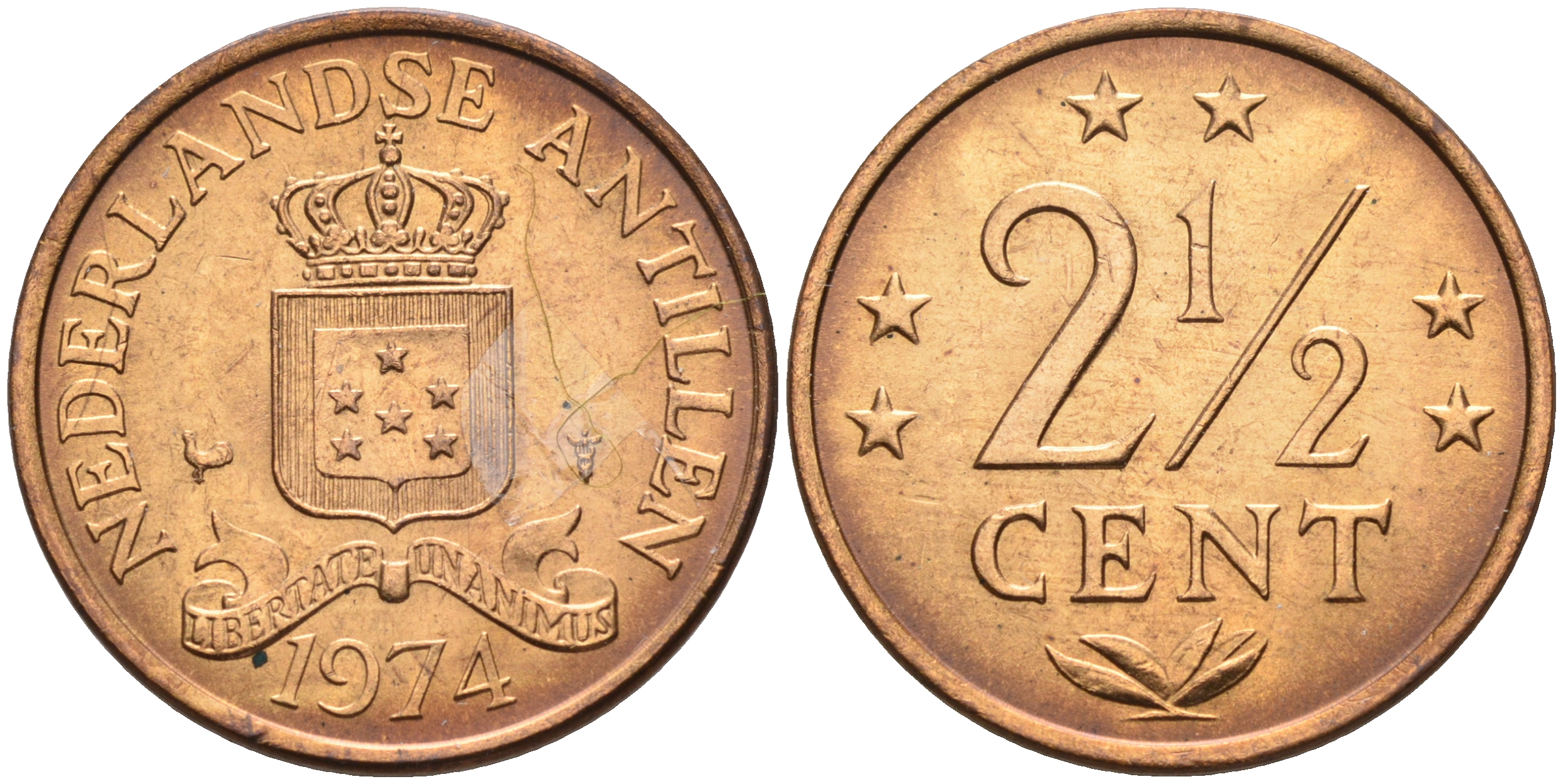 Нидерландские Антилы 2 1/2 цента 1974 Юлиана (1948-1980) KM 9 бронза 4177-343