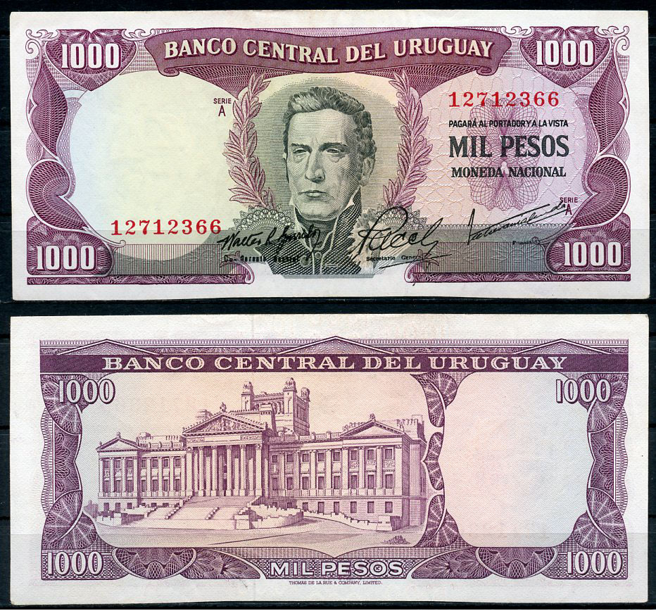 Уругвай 1000 песо ND (1967) Хосе Хервасио Артигас, Дворец законодательных органов, Монтевидео, номер 12712366 Pick 49 a (8)  бумага  aUNC 451-727-1