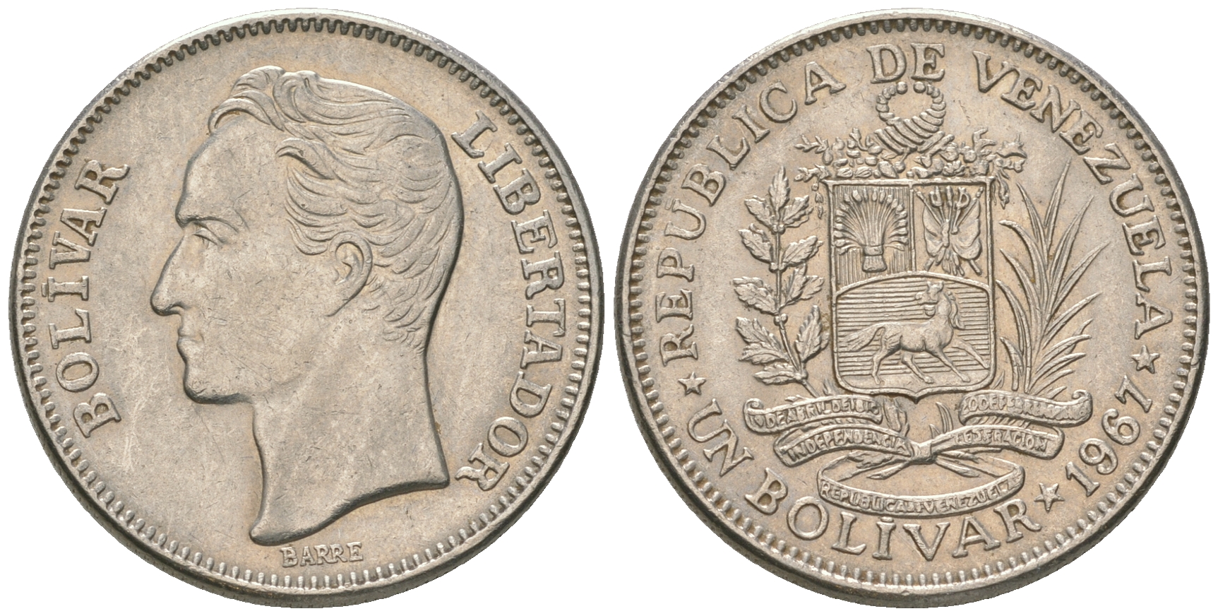 Венесуэла 1 боливар 1967 Симон Боливар KM 42 никель 4175-1125