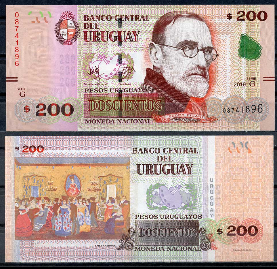 Уругвай 200 песо 2019 серия G, Педро Фигари, художник Pick 96 b  бумага  UNC (пресс) 7487-41-3-2