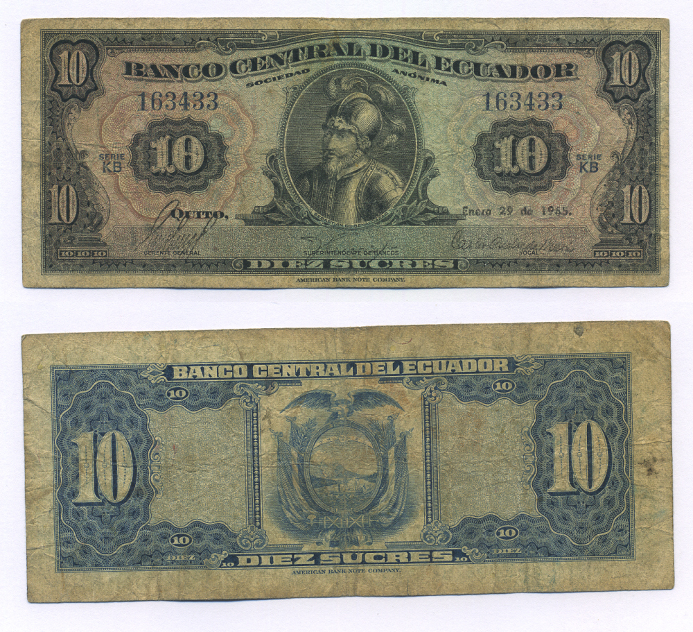 ЭКВАДОР 10 СУКРЕ 1965 Pick 101Аа бумага 6278-34-2-1