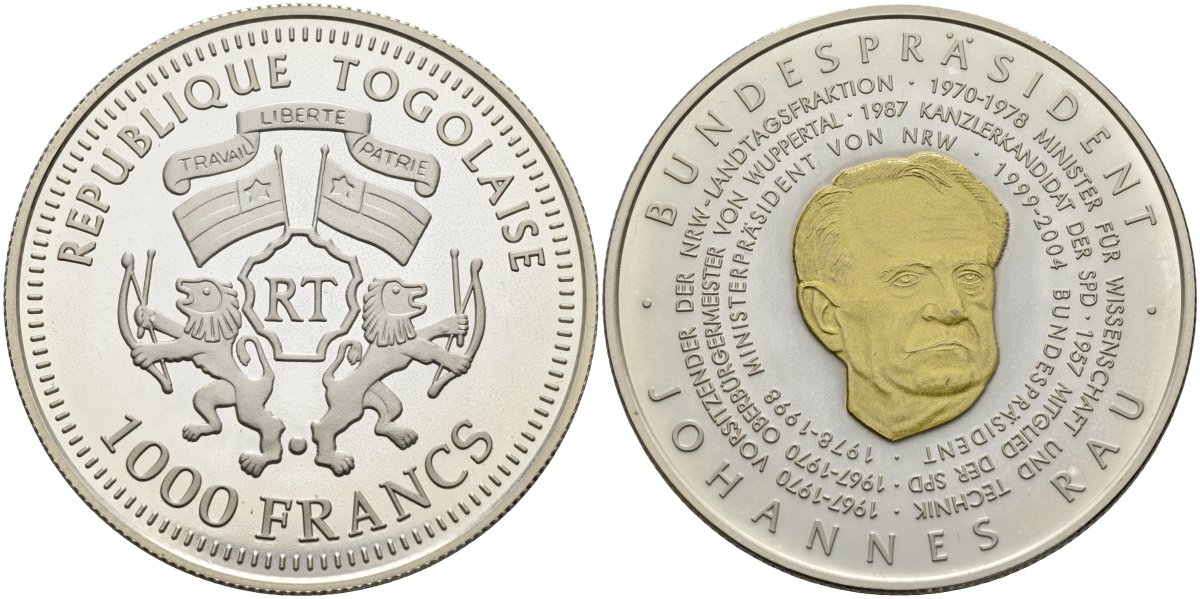 Того 1000 франков 2004 федеральный президент (1999-2004), Йоханнес Рау, позолота серебро PROOF 04-318-35