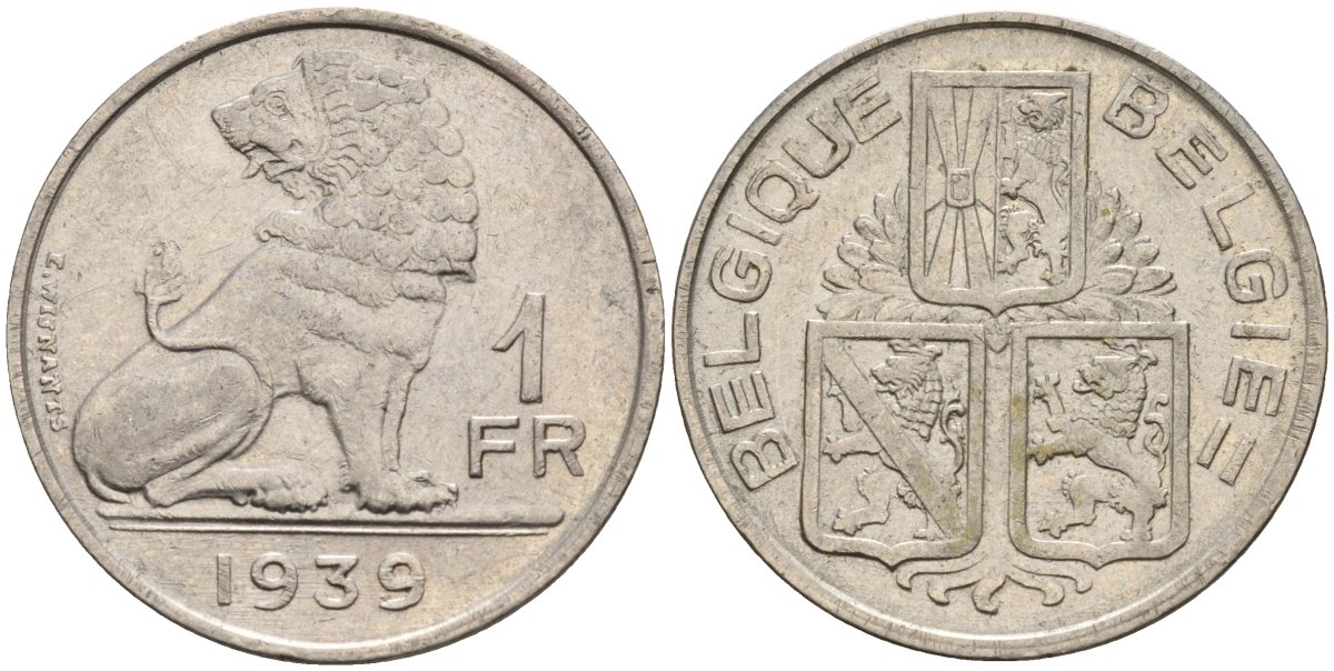 Бельгия 1 франк 1939 BELGIQUE KM 90 никель 4143-553