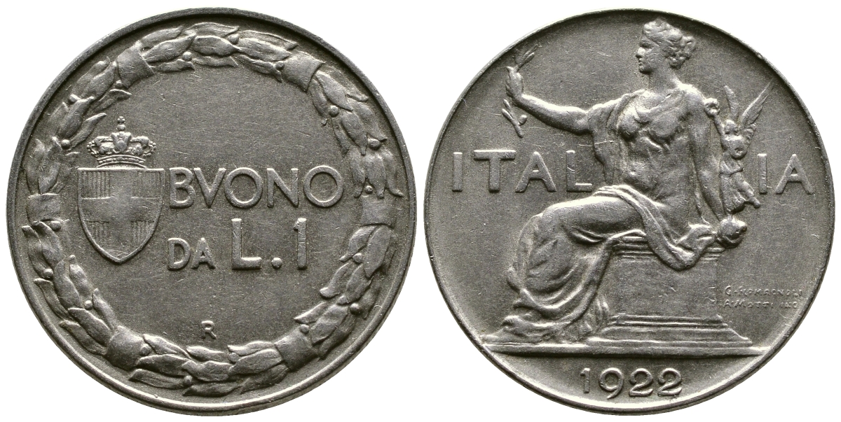 ИТАЛИЯ 1 ЛИРА 1922 R, ВИКТОРИО ИМАНУИЛ III (1900-1946) KM 62 никель 51-1516