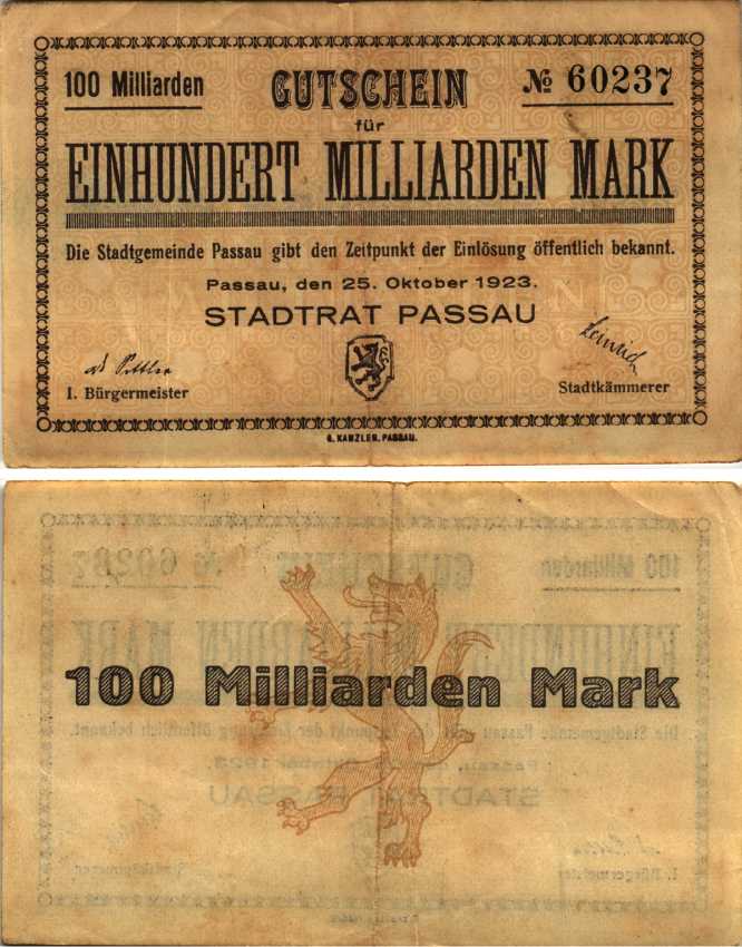 ПАССАУ 100000000000 МАРОК 1923 НОТГЕЛЬД, 25 ЛКТЯБРЯ 1923, ЗЕМЛЯ БАВАРИЯ Keller 4243p бумага 6318-44-2-2