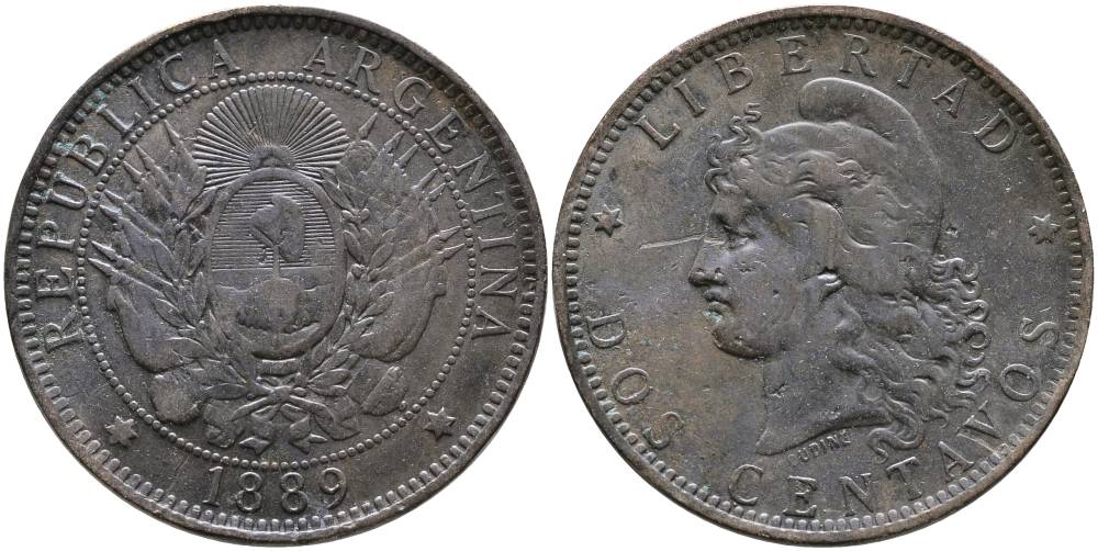 Аргентина 2 сентаво 1889 голова Свободы влево KM 8 бронза 4531-544
