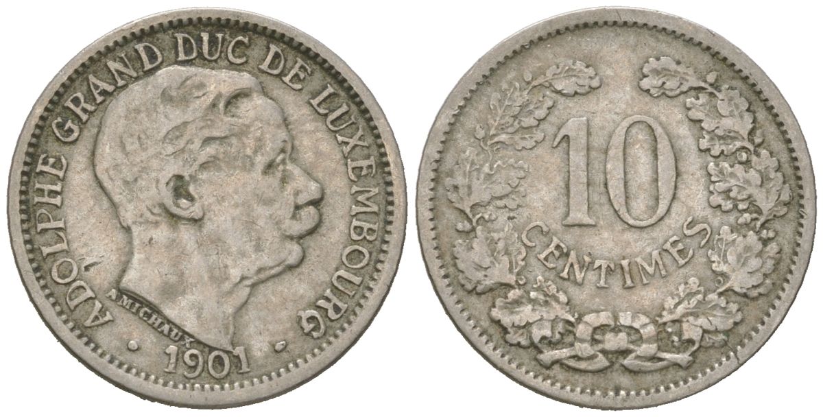 Люксембург 10 сантимов 1901 Адольф (1890-1905) KM 25 никель 4615-815