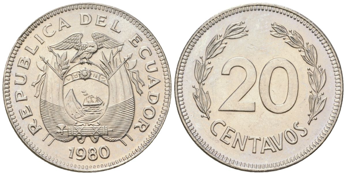 Эквадор 20 сентаво 1980 KM 77.2a сталь плакированная никелем aUNC 4611-723