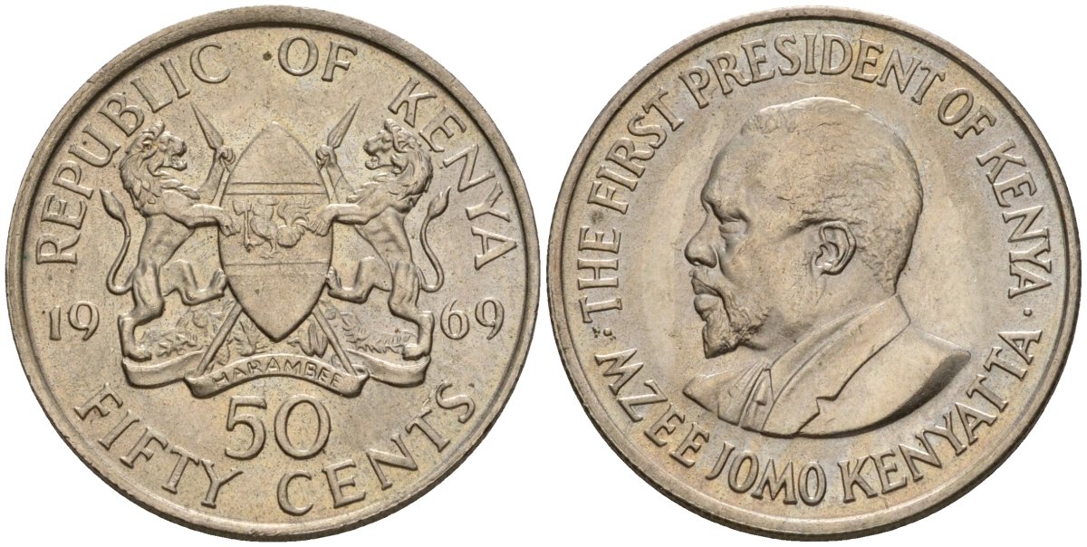 Кения 50 центов 1969 Джомо Кениата KM 13 медно-никель aUNC 4118-556