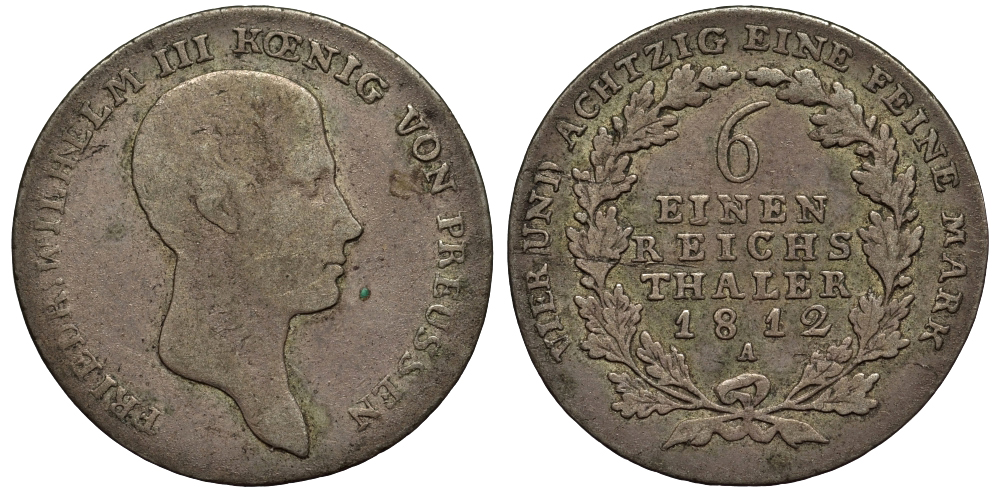 Пруссия 1/6 талера 1812 A, ФРИДРИХ ВИЛЬГЕЛЬМ III (1797-1840) KM 385 серебро 00-00