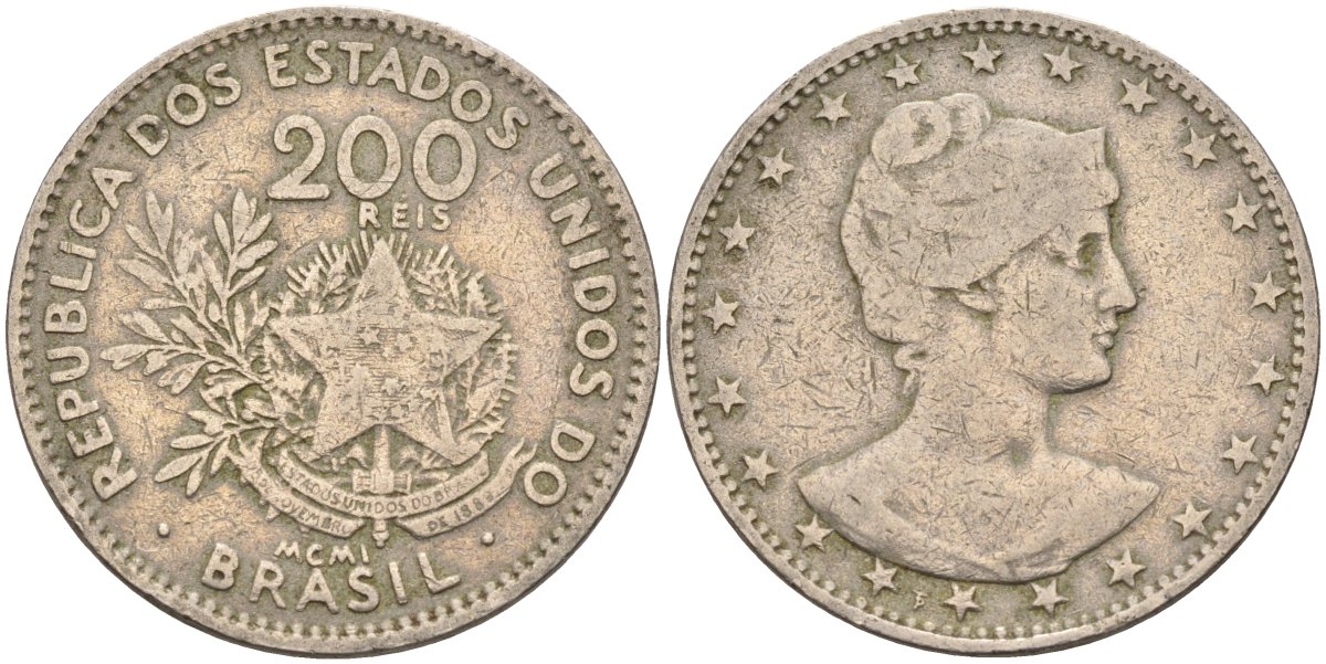 Бразилия 200 рейс 1901 голова свободы вправо KM 504 медно-никель 4589-1123