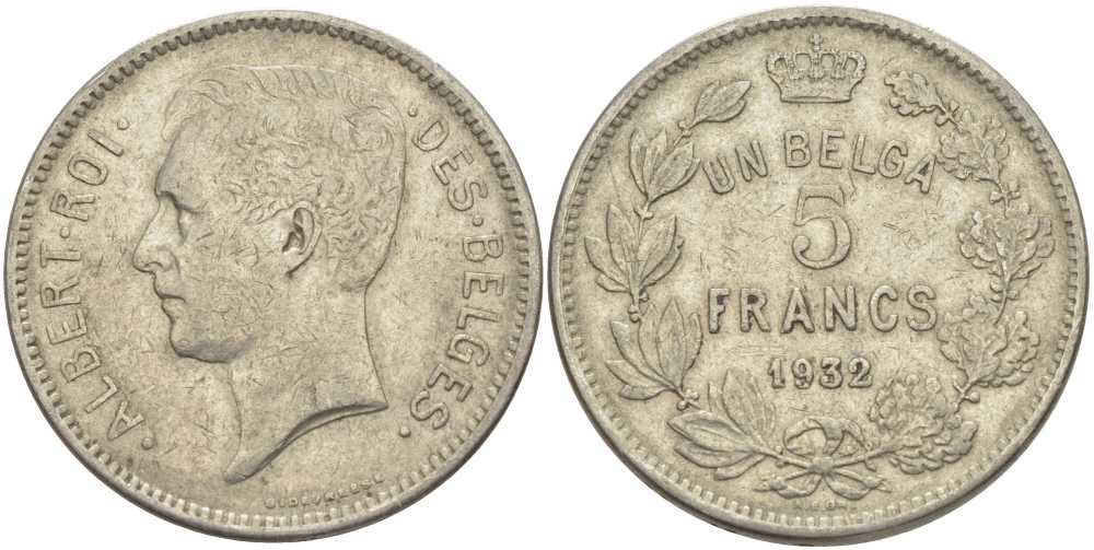 БЕЛЬГИЯ 5 ФРАНКОВ 1932 АЛЬБЕРТ I, DES BELGES KM 97.1 никель 3851-231