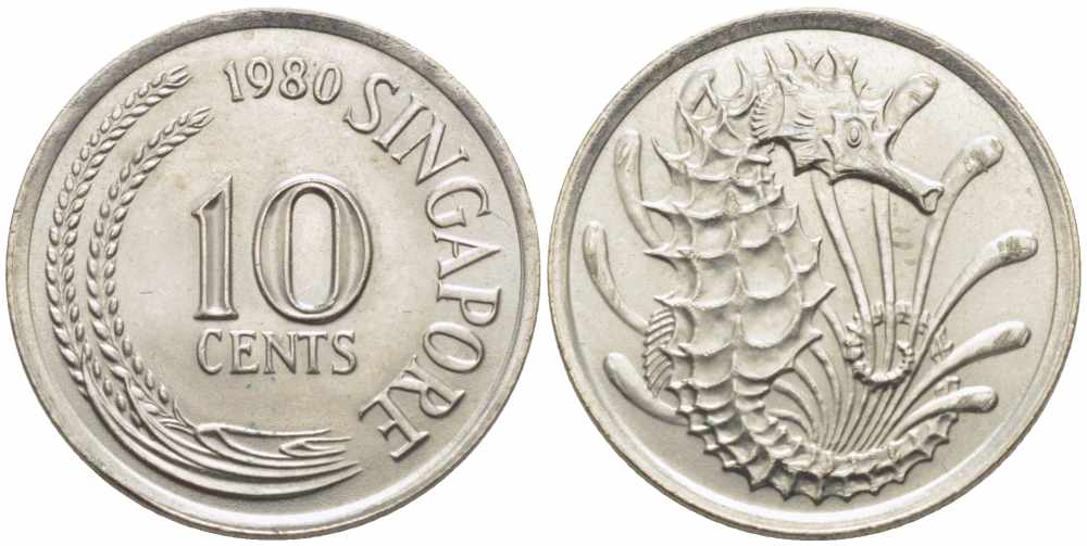 СИНГАПУР 10 ЦЕНТОВ 1980 МОРСКОЙ КОНЕК KM 3 медно-никель UNC 73-243