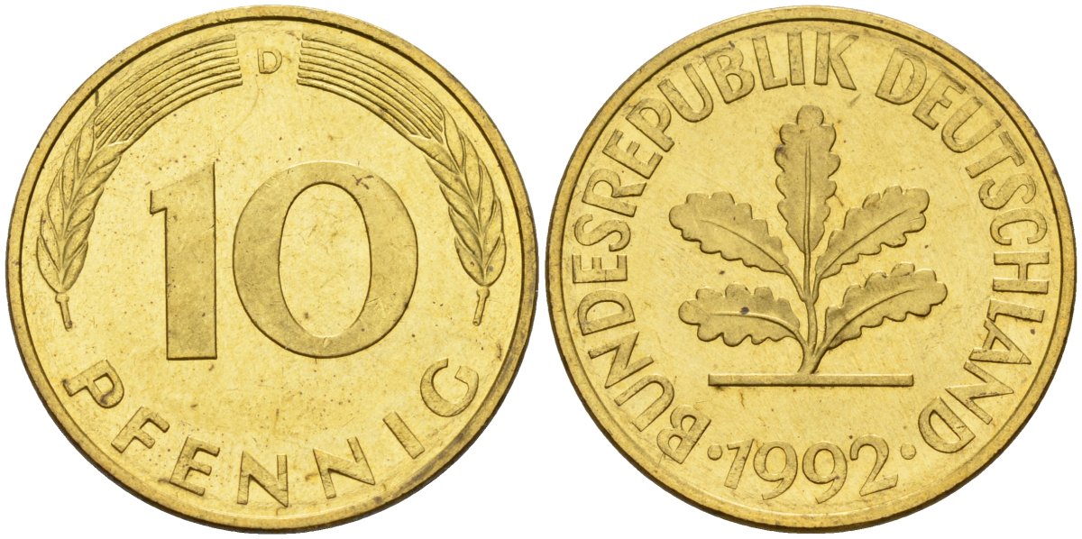 ФРГ 10 пфеннигов 1992 D KM 108, J. 383 сталь плакированная латунью 4175-1222