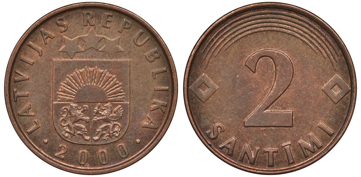 Латвия 2 сантима 2000 KM 21 сталь плакированная медью 4124-634