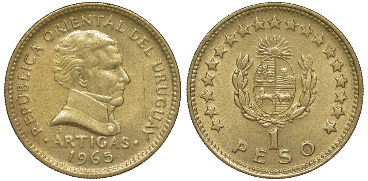 Уругвай 1 песо 1965 KM 46 алюминиевая бронза 92-1242