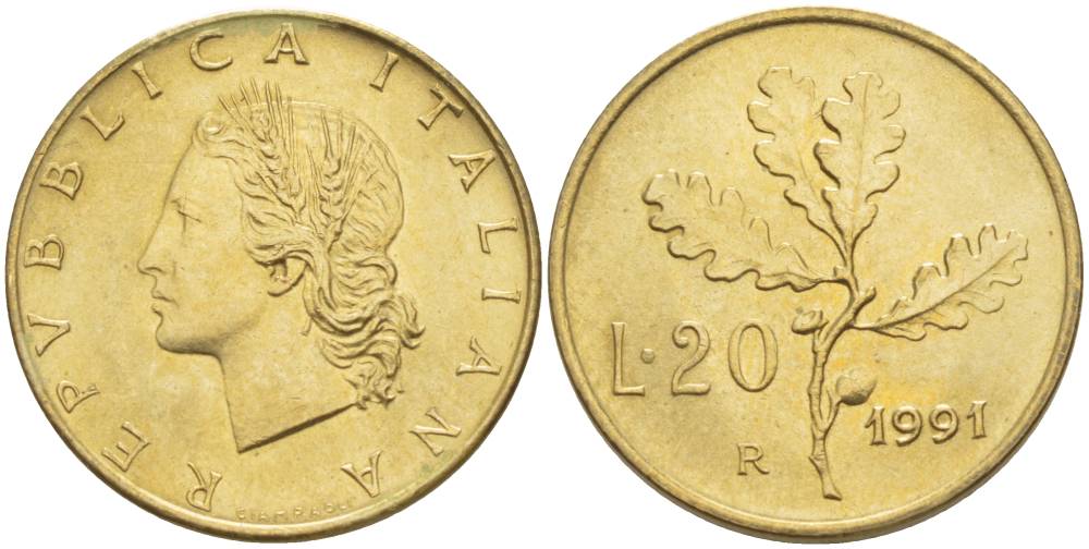 ИТАЛИЯ 20 ЛИР 1991 R, ДУБОВЫЕ ЛИСТЬЯ KM 97.2 алюминиевая бронза 4551-331