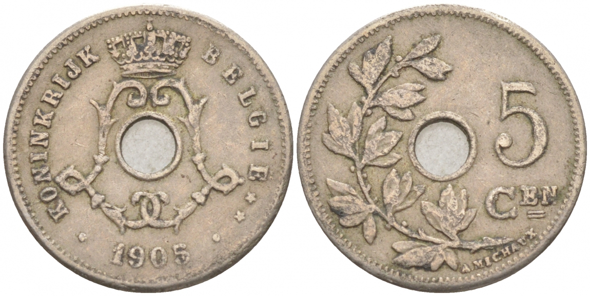 БЕЛЬГИЯ 5 САНТИМОВ 1905 BELGIE KM 55 медно-никель 4549-1027