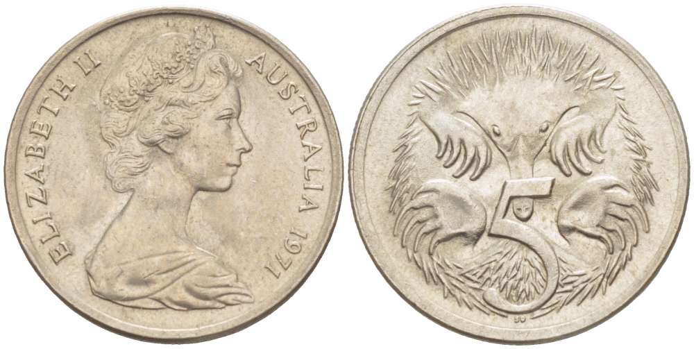 АВСТРАЛИЯ 5 ЦЕНТОВ 1971 ЕЛИЗАВЕТА II (1952-) МОЛОДОЙ ПОРТРЕТ, ЕХИДНА KM 64 медно-никель 4516-653