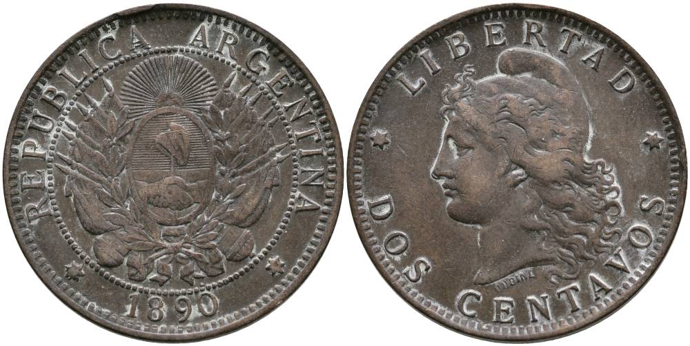 Аргентина 2 сентаво 1890 голова свободы влево KM 8 бронза 4531-941