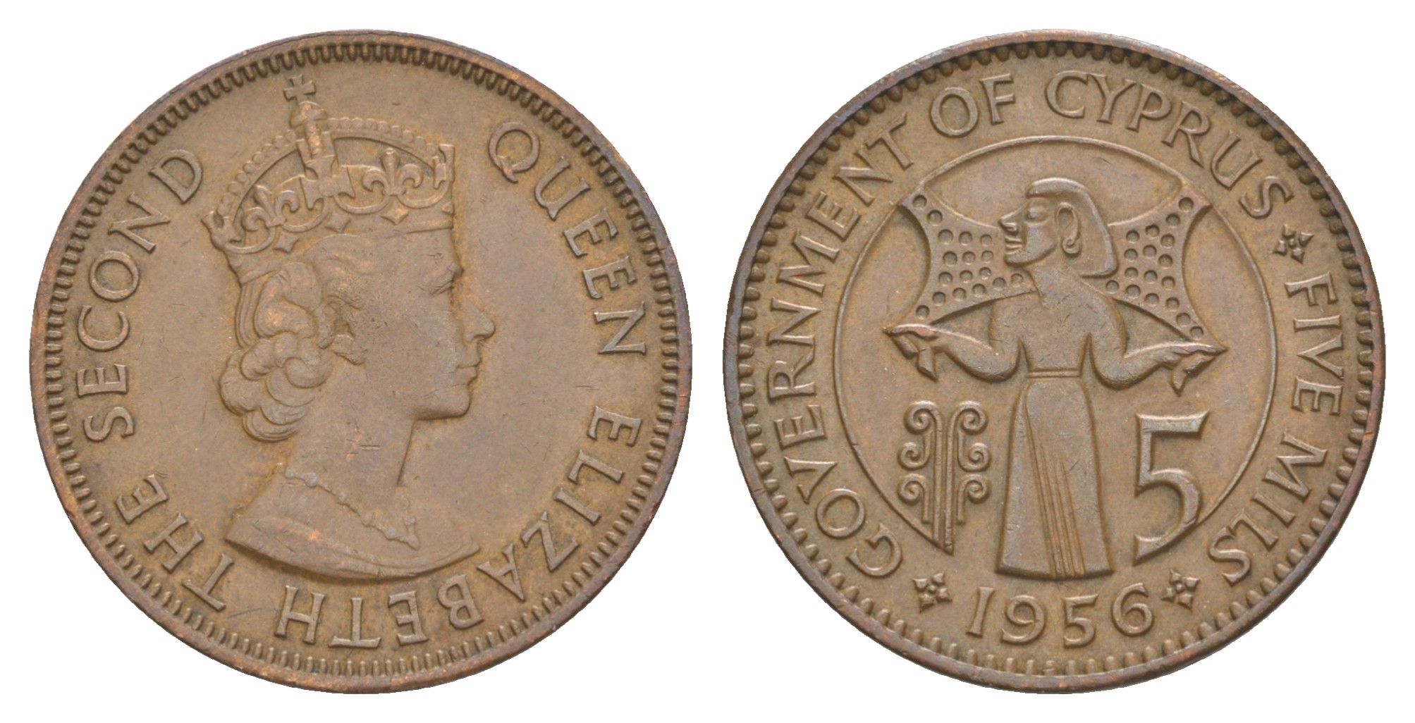 Кипр 5 милей 1956 Елизавета II (1952-2022) KM 34 бронза 4648-1017