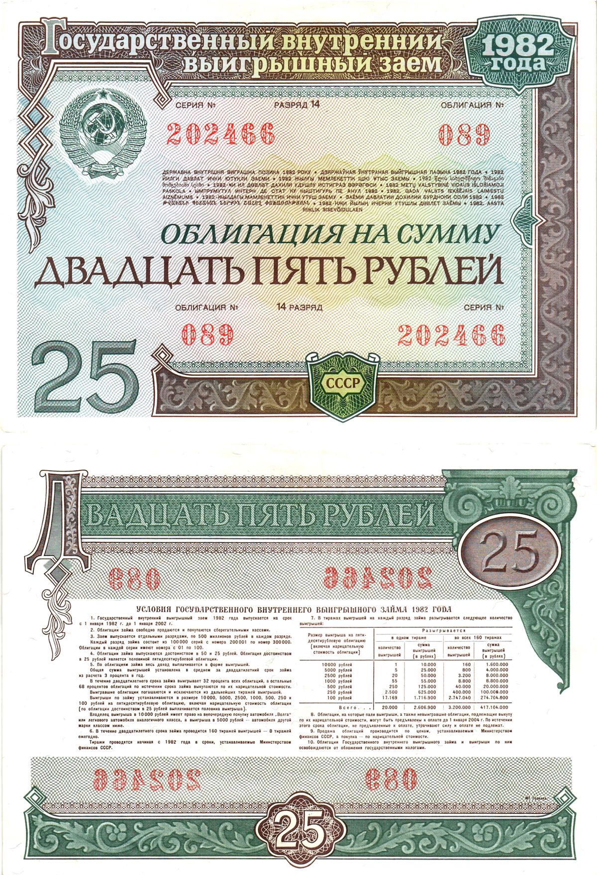 СССР облигация в 25 рублей 1982 государственный внутренний выигрышный заем, разряд 14   бумага   8609-56-2-2
