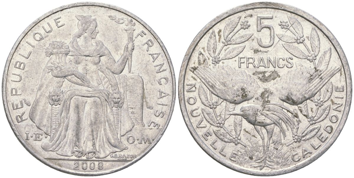 Французская Новая Каледония 5 франков 2008 птица кагу, (IEOM) KM 16, Schoen 12, Lec 81k алюминий 221-524