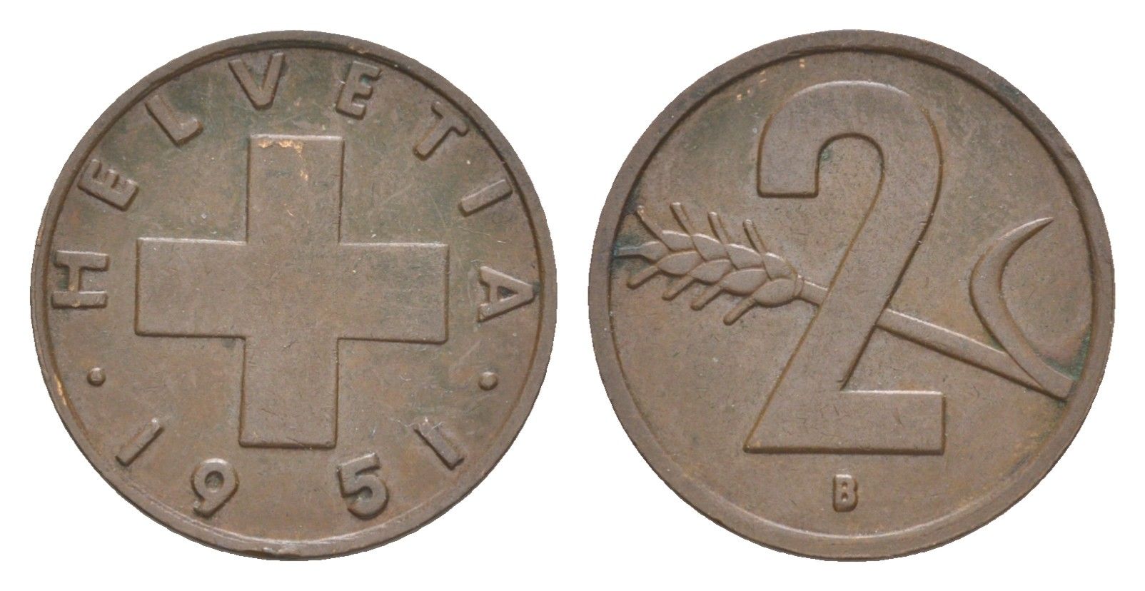 Швейцария 2 раппена 1951 B KM 47 бронза 4630-637