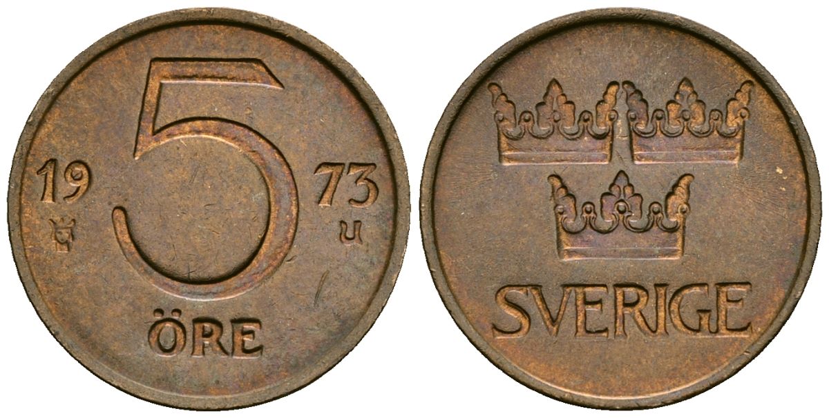 Швеция 5 эре 1973 U, Густав VI Адольф (1950-1973) KM 845 бронза 4136-868