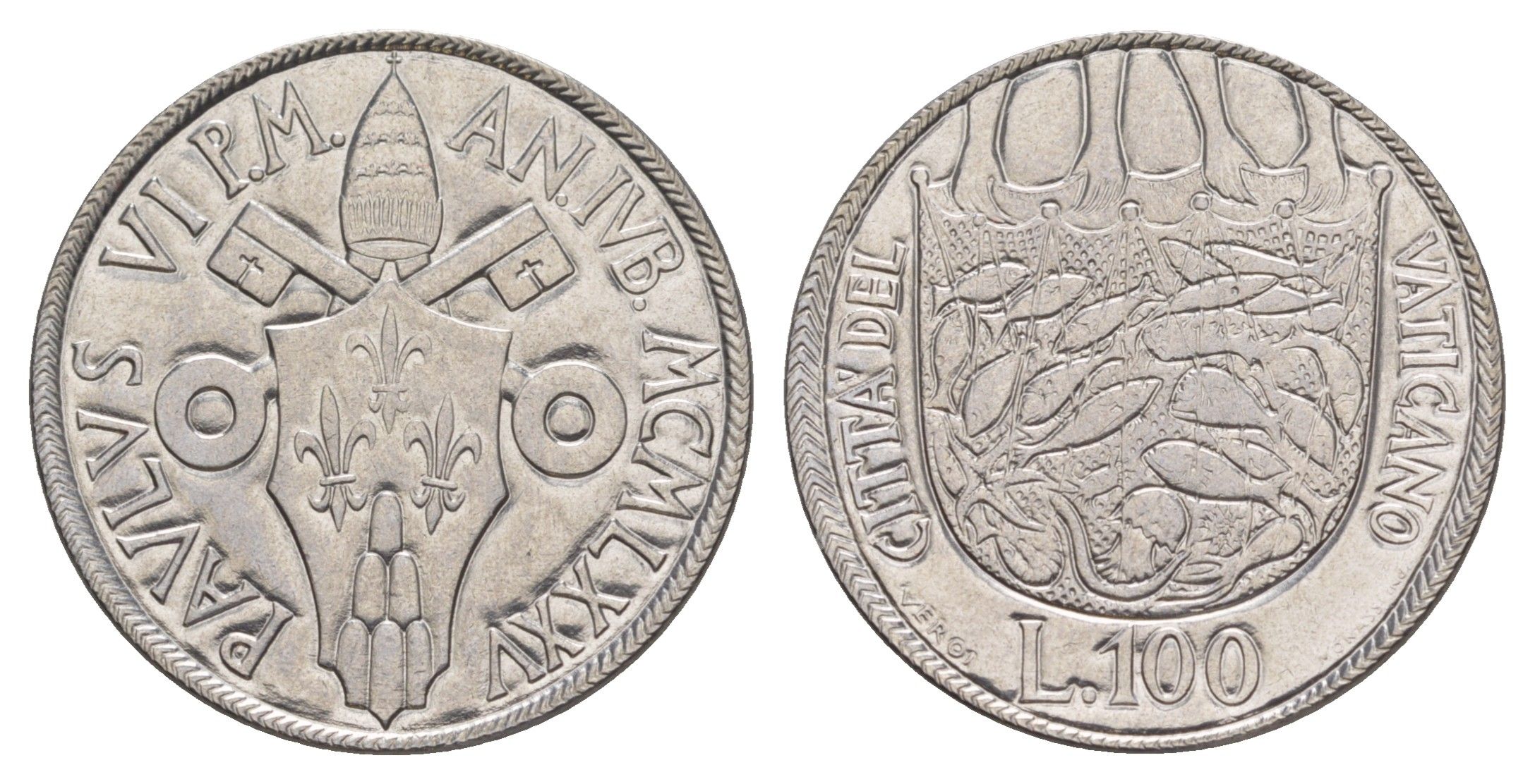 Ватикан 100 лир 1975 MCMLXXV, Священный год, Павел VI KM 130 нержавеющая сталь UNC 4648-142