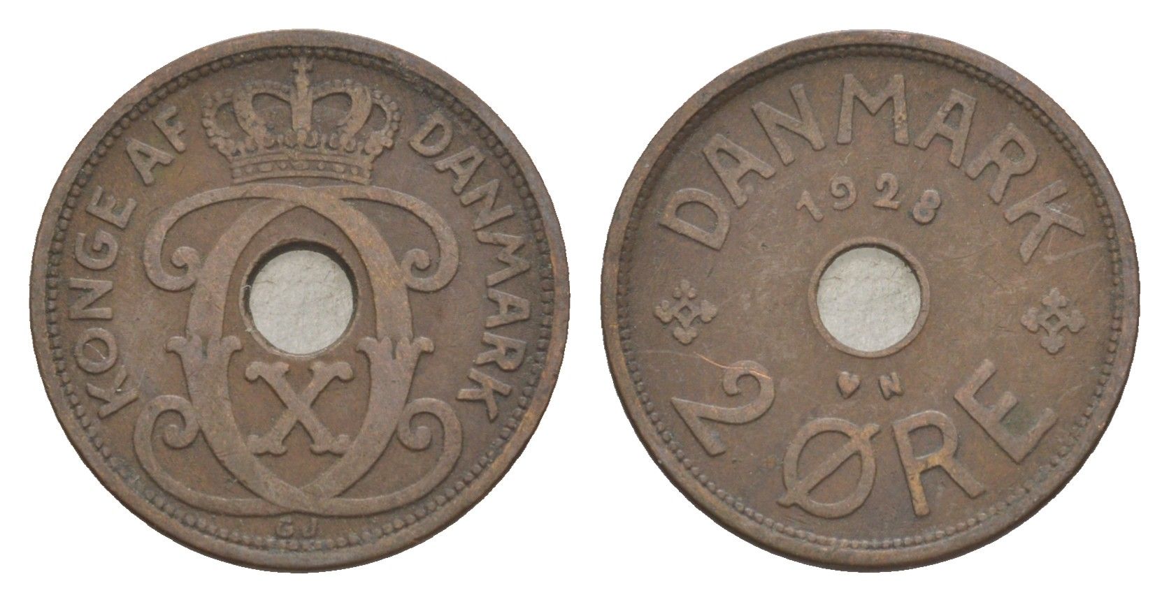 Дания 2 эре 1928 N, Кристиан X (1912-1947) KM 827 бронза 4639-729