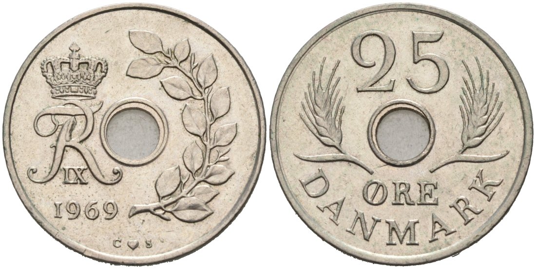 Дания 25 эре 1969 С;S, Фредерик IX (1947-1972) KM 855 медно-никель 4571-342