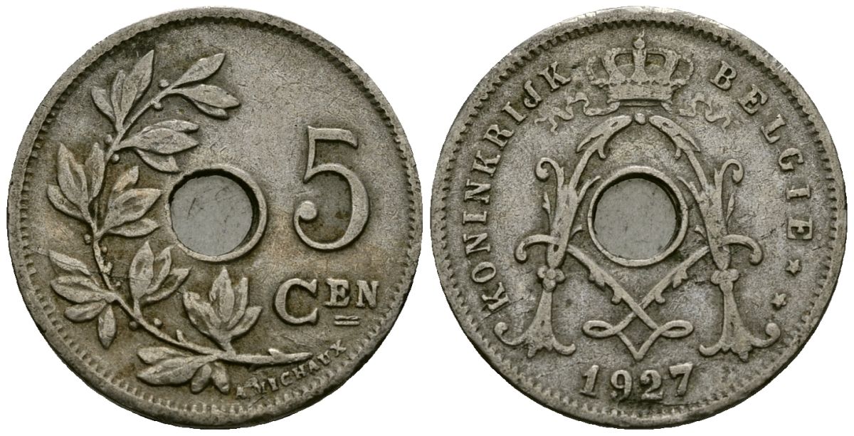 Бельгия 5 сантимов 1927 Belgie KM 67 медно-никель 4173-318