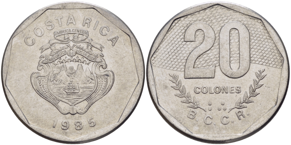 КОСТА-РИКА 20 КОЛОН 1985 сс KM 216.2 нержавеющая сталь 82-143